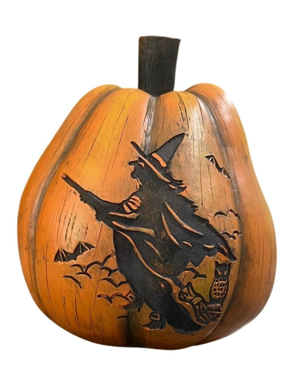 Carved Wooden Pumpkin Witch Halloween Décor 8" Tall Rustic Orange Black Design